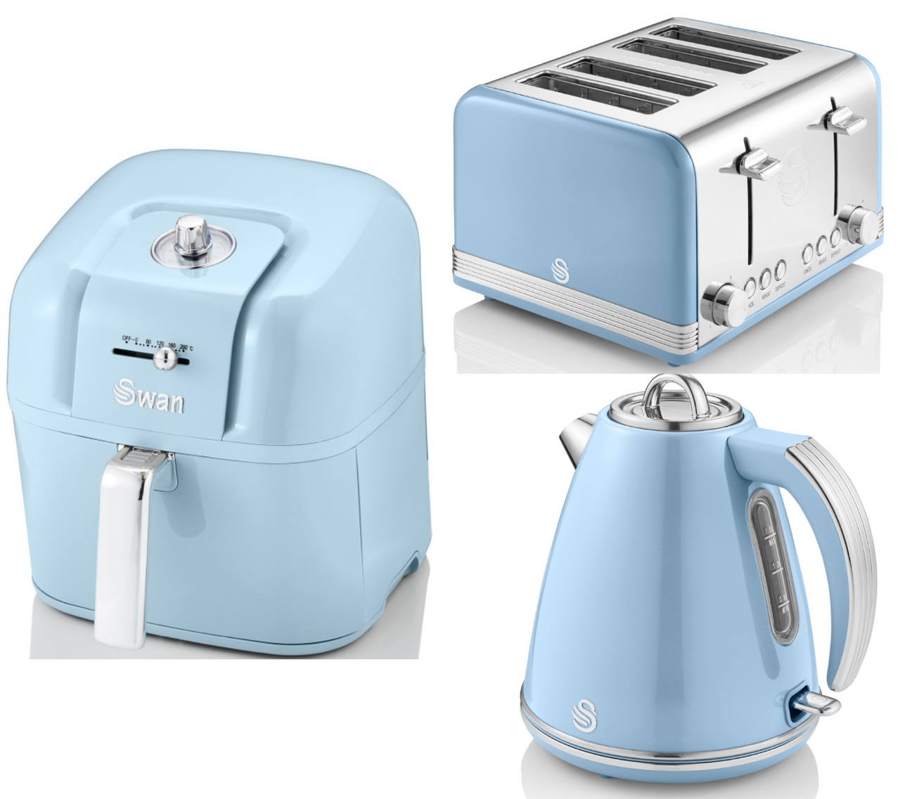 Swan Retro Blue 1.5L 3KW Jug Kettle, 4 Slice Toaster & 6L Digital Air Fryer Set