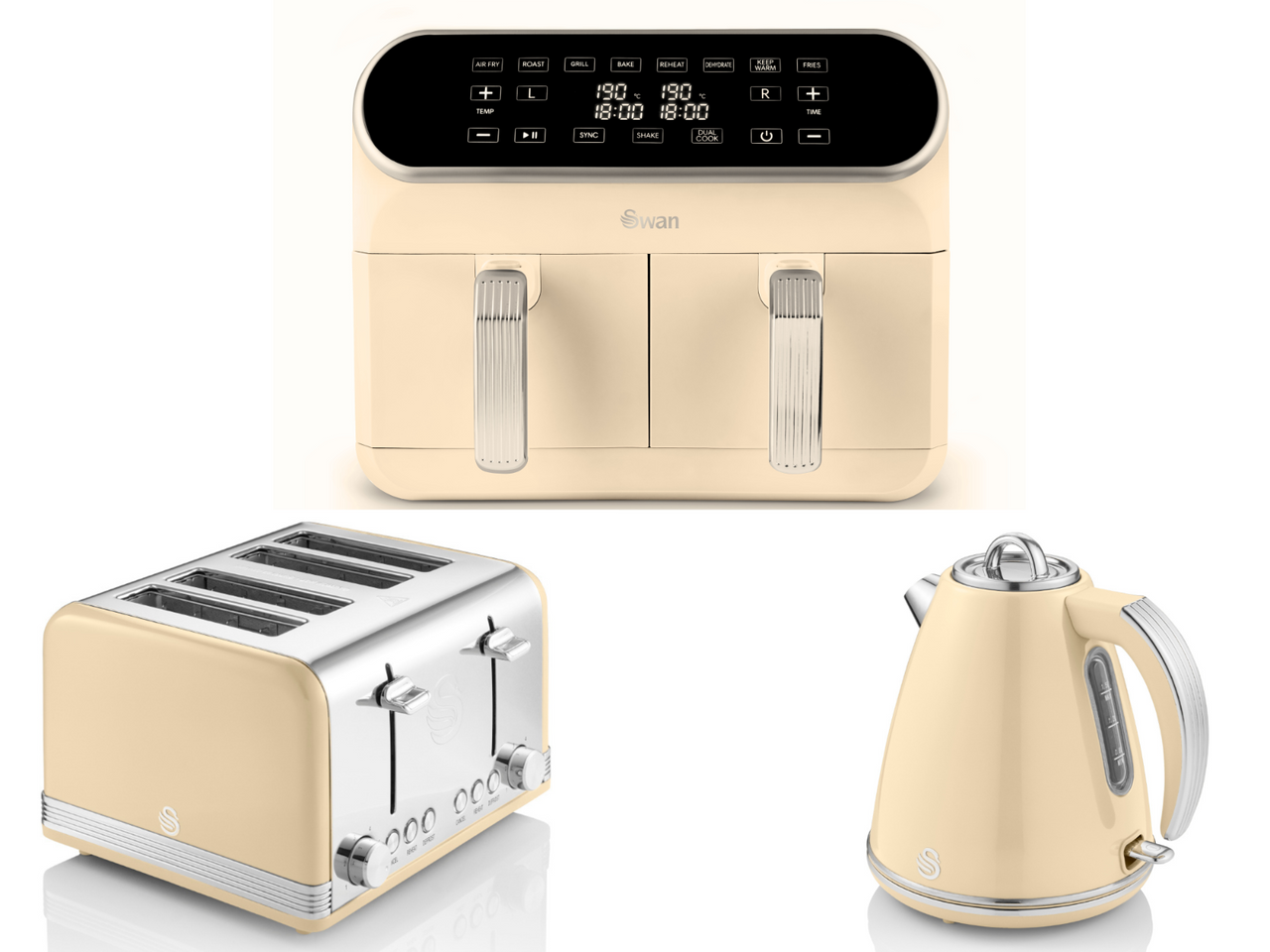 Swan Retro Cream 1.5L 3KW Jug Kettle, 4 Slice Toaster & 8L Air Fryer Matching Kitchen Set