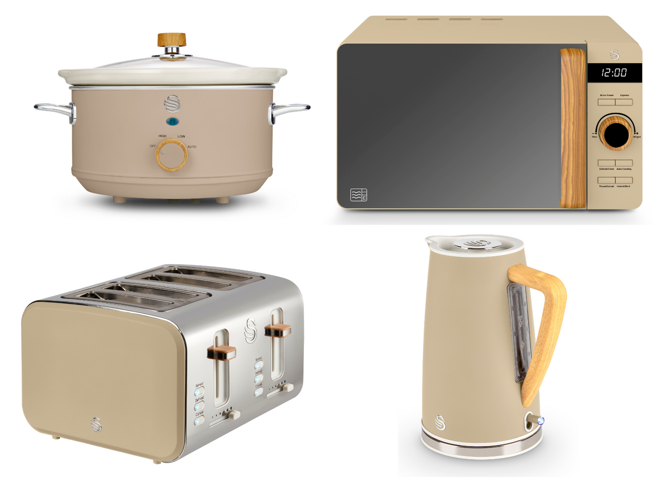 Swan Nordic 1.7L 3KW Kettle, 4 Slice Toaster, 800W 20L Microwave & 3.5L Slow Cooker in Oatmeal Colour. Scandinavian Minimalist Design Matching Kitchen Set