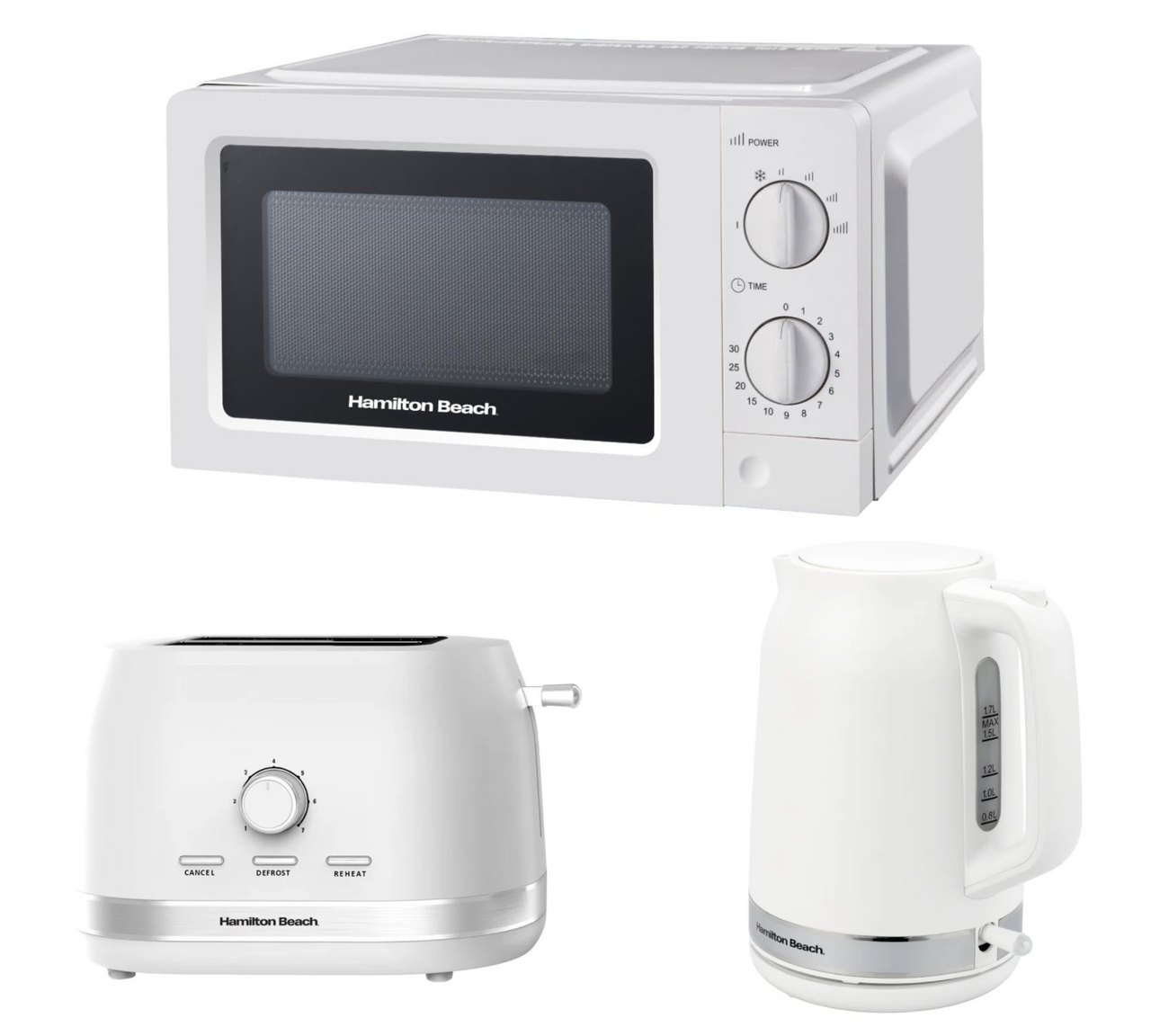 Hamilton Beach Ella 1.7L Kettle, 2 Slice Toaster & 700W 20L Microwave Modern Matching Set in Matte White