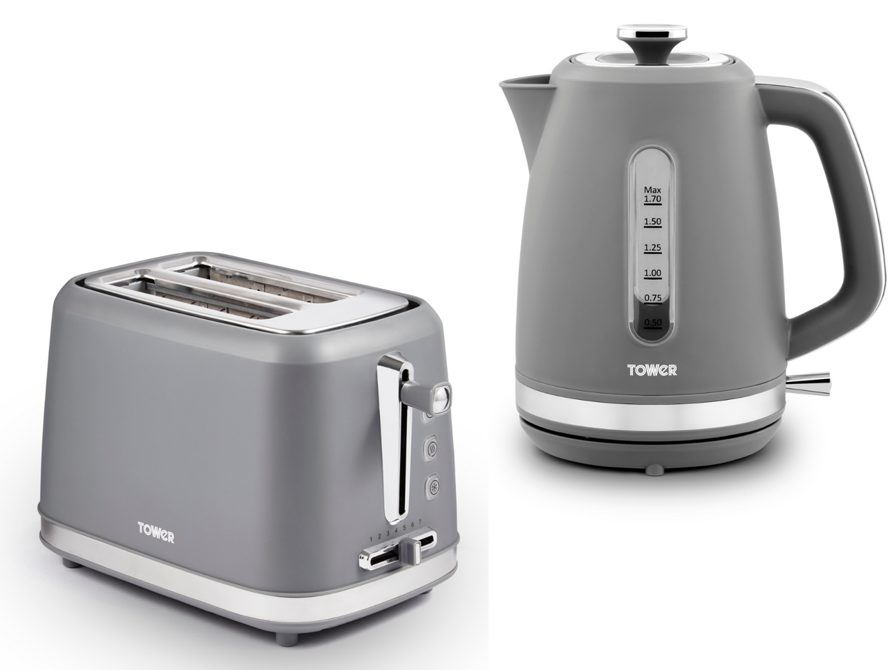 Tower Odyssey Grey Kettle & Toaster Matching Kitchen Set in Grey/Chrome Accents