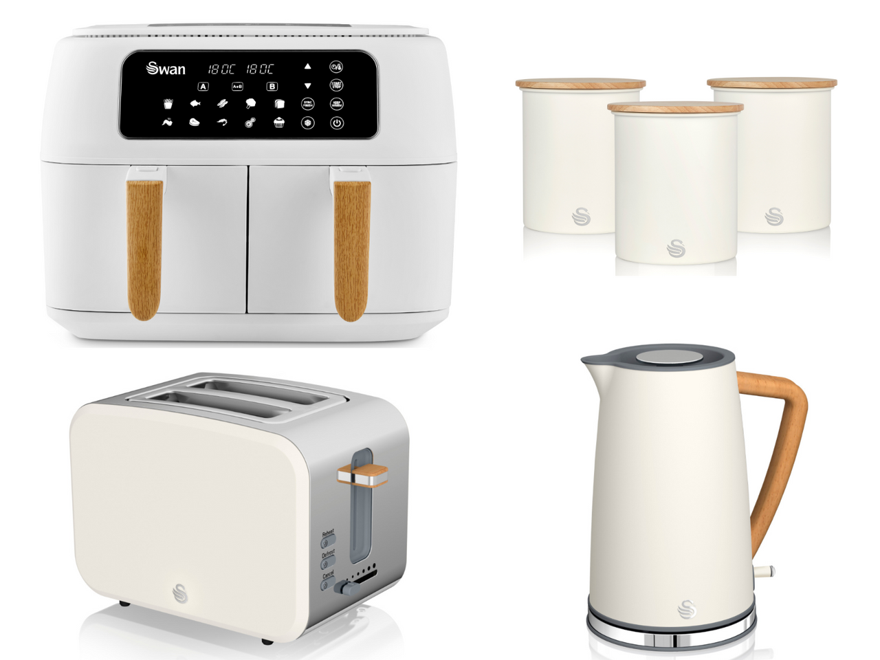 Swan Nordic White 1.7L Jug Kettle, 4 Slice Toaster, Dual Basket Air Fryer & Canisters Matching Set