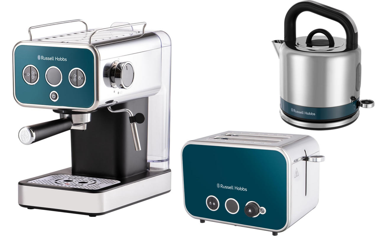 Russell Hobbs Distinctions Ocean Blue 1.5L 3KW Kettle, 2 Slice 1600W Toaster & Espresso Coffee Machine Matching Set