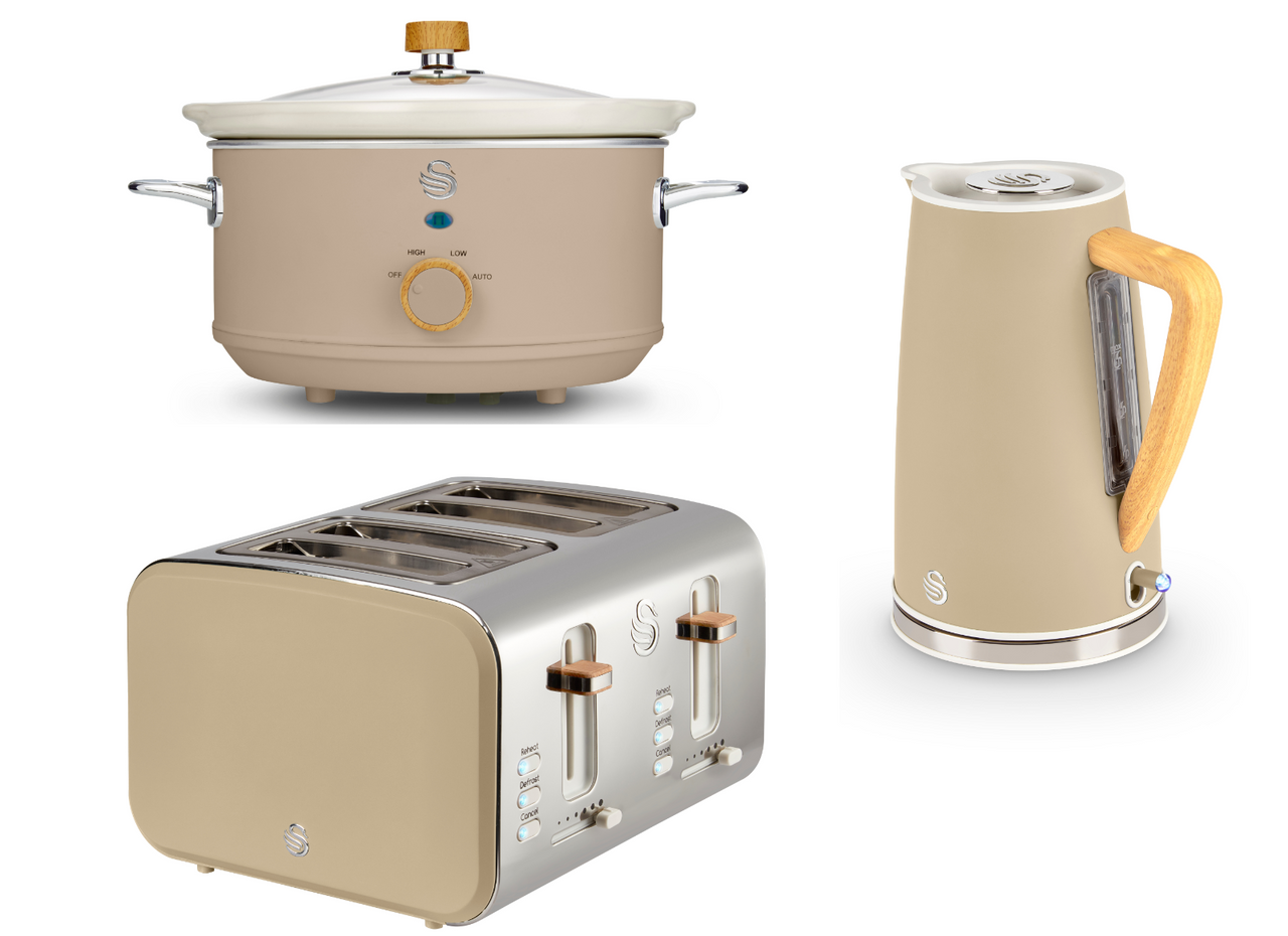 Swan Nordic 1.7L 3KW Kettle, 4 Slice Toaster, 800W 20L Microwave & 3.5L Slow Cooker in Oatmeal Colour