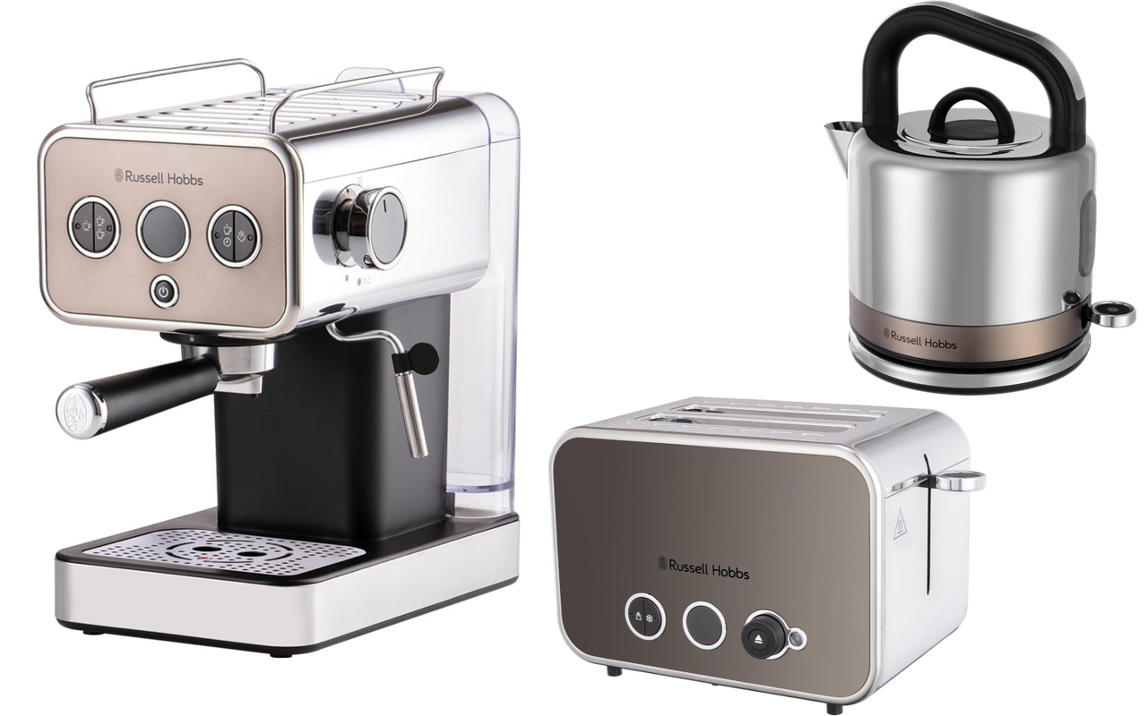 Russell Hobbs Distinctions Titanium 1.5L 3KW Kettle, 2 Slice 1600W Toaster & Espresso Coffee Machine with Milk Frother Steam Wand Matching Set