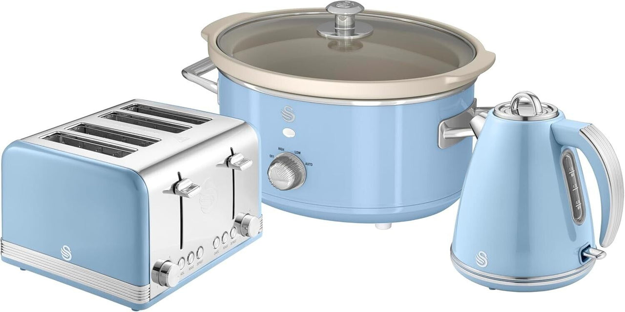 SWAN Retro Blue 1.5L 3KW Jug Kettle, 4 Slice Toaster & 3.5L Slow Cooker Kitchen Set