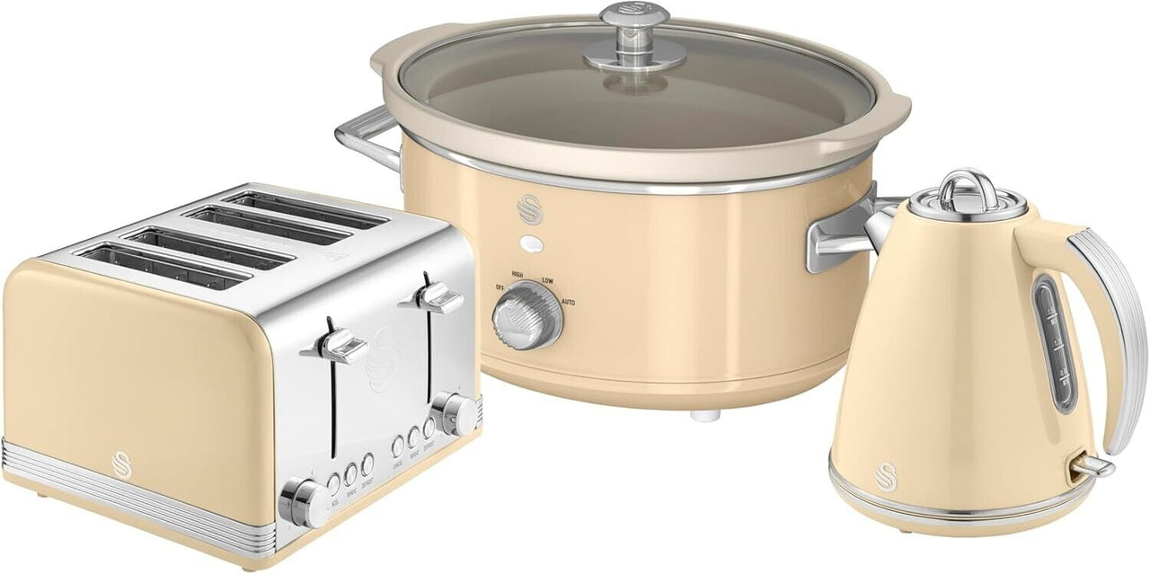 SWAN Retro Cream 1.5L 3KW Jug Kettle, 4 Slice Toaster & 3.5L Slow Cooker Kitchen Set