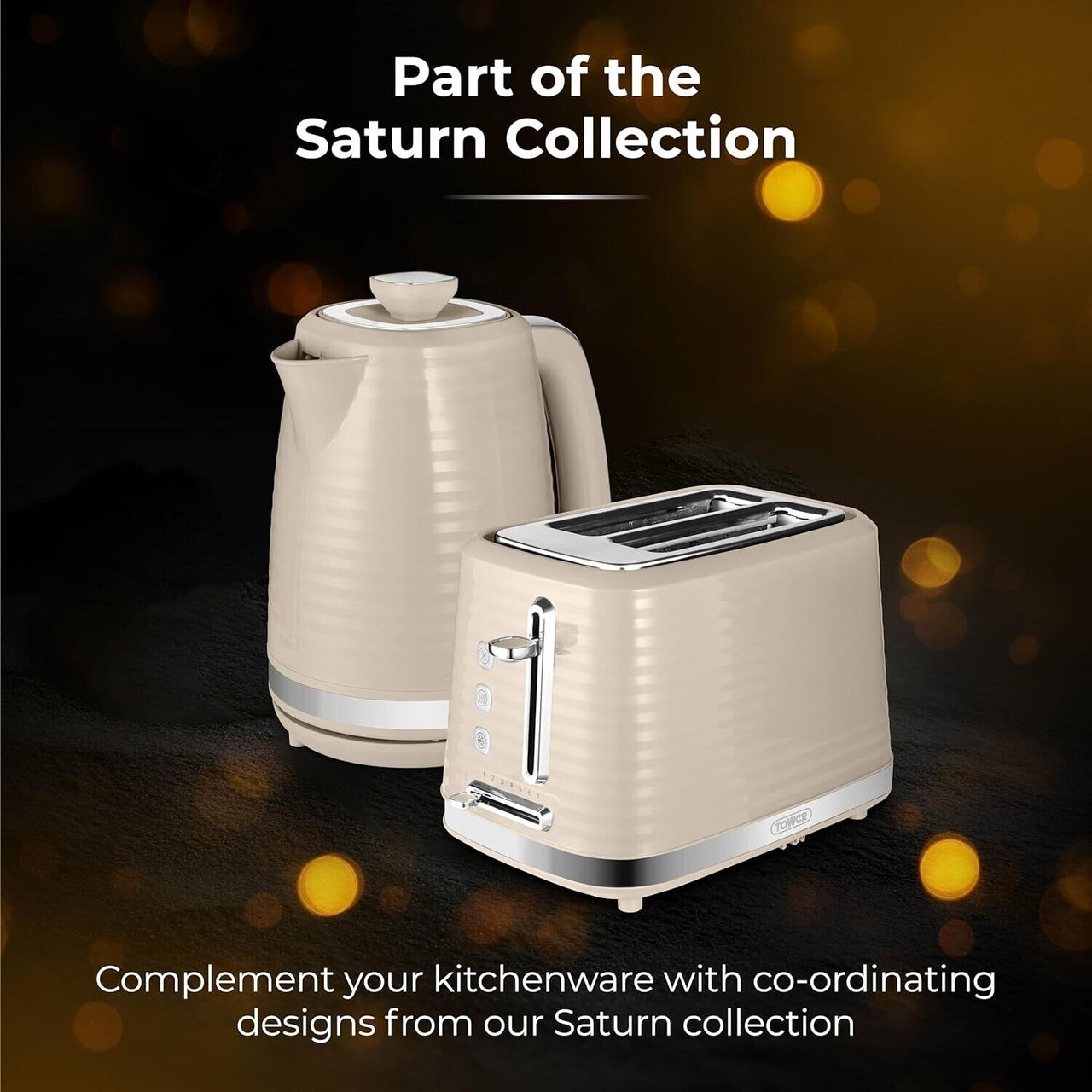 Tower Saturn 1.7L 3KW Kettle, 2 Slice Toaster & 800W 20L Microwave Matching Set in Latte with Chrome Accents