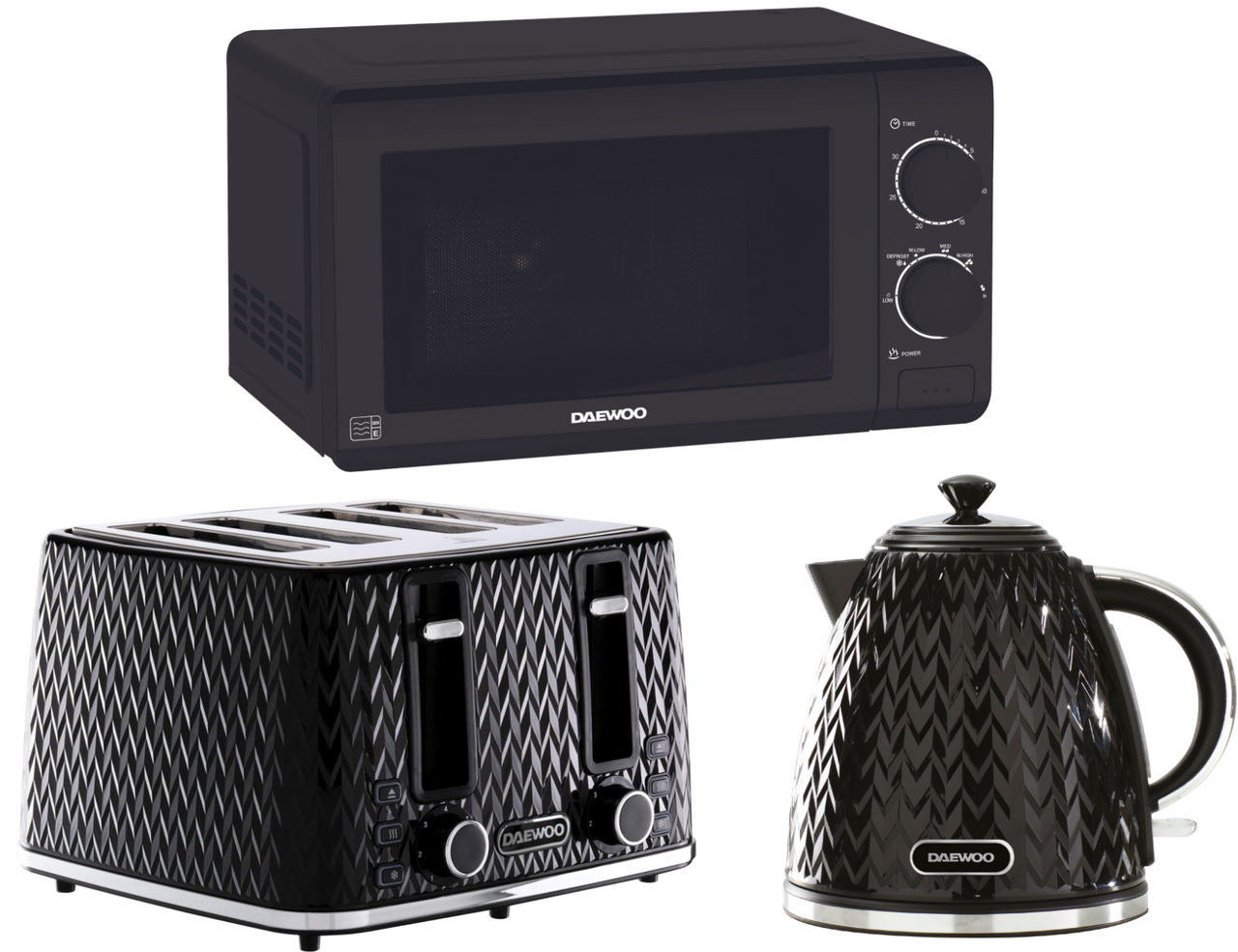 Daewoo Argyle Black 1.7L 3KW Jug Kettle, 4 Slice Toaster & 700W 20L Microwave Matching Set