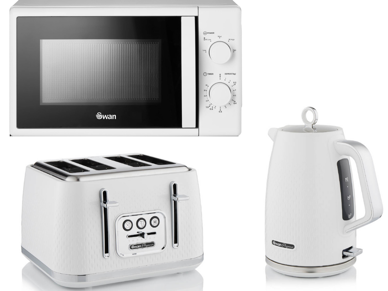 Swan Elegance White 1.7L 3KW Kettle, 4 Slice Toaster & 700W 20L Manual Microwave Matching Set