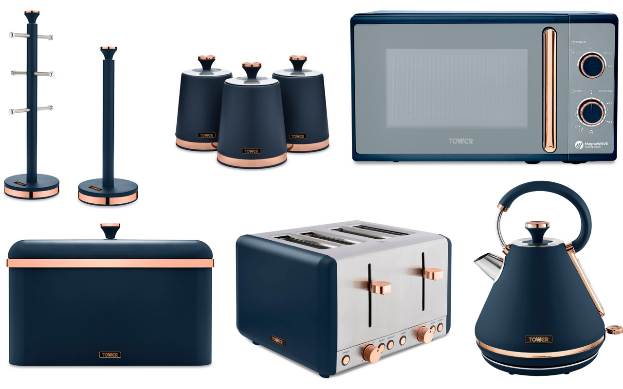 Tower Cavaletto Midnight Blue & Rose Gold 1.7L 3KW Kettle, 4 Slice Toaster, 800W 20L Microwave, Bread Bin, Canisters, Mug Tree & Towel Pole Set