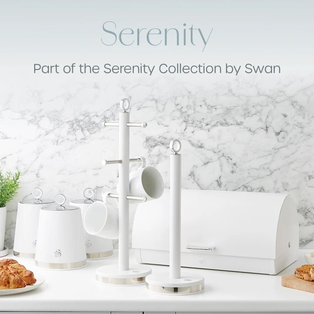 Swan Serenity Bread Bin, Tea, Coffee, Sugar Canisters, Mug Tree & Towel Pole in White with Polished Stainless Steel Accents