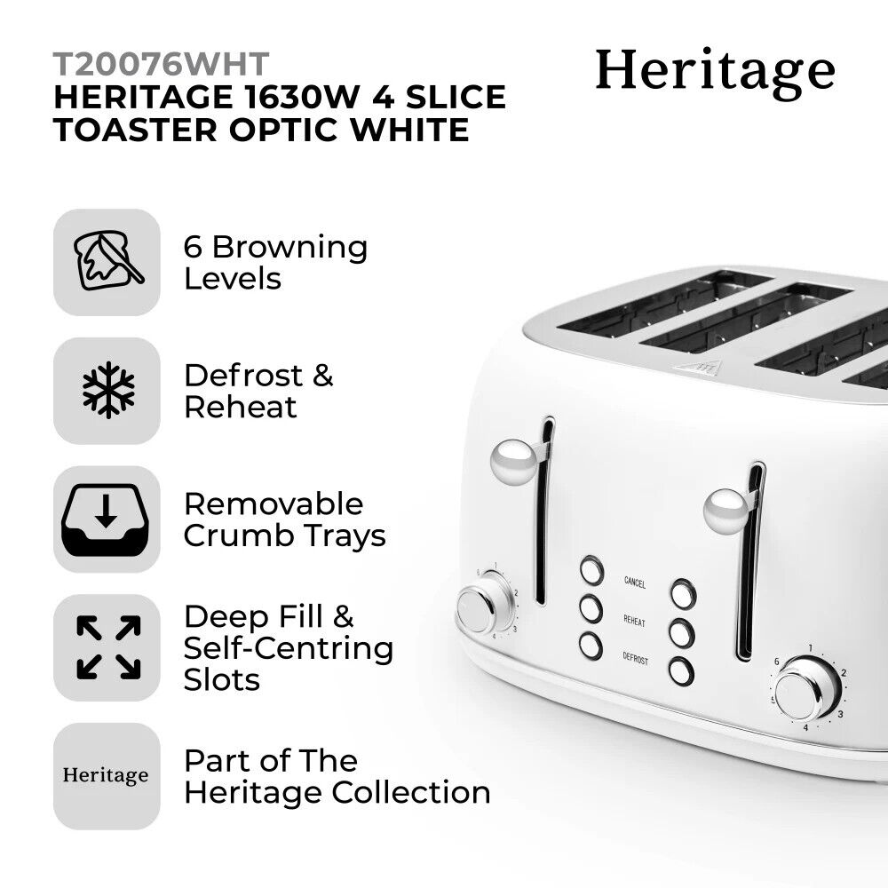 Tower Heritage 4 Slice Toaster In White & Chrome