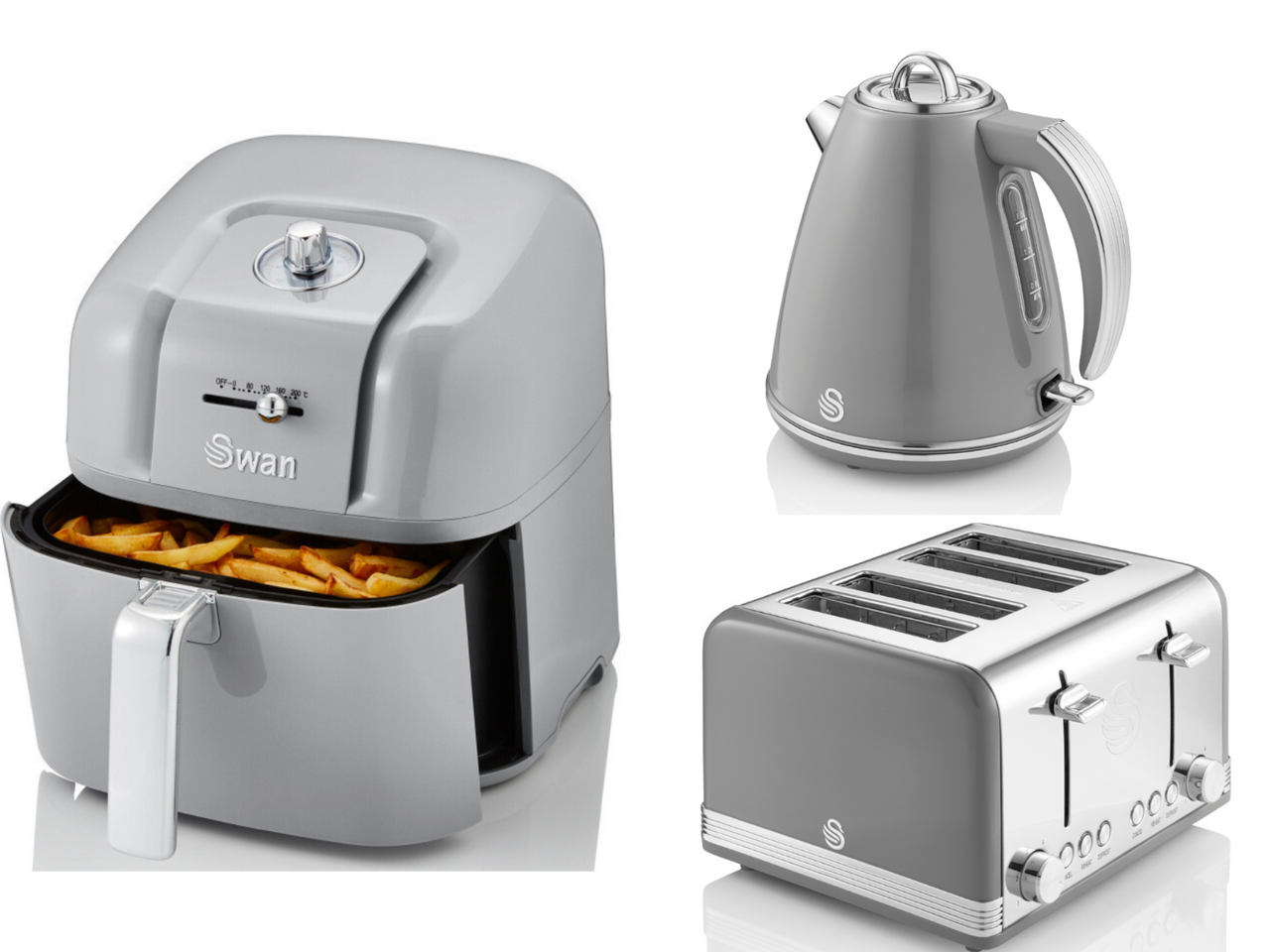 Swan Retro Grey 1.5L 3KW Jug Kettle, 4 Slice Toaster & 6L Manual Air Fryer Matching Kitchen Set