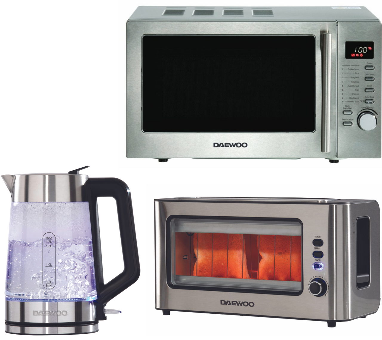 Daewoo Easy Fill Illuminating Glass 1.7L 3KW Kettle, 2 Slice Glass Toaster & 700W Microwave Set in Glass & Steel