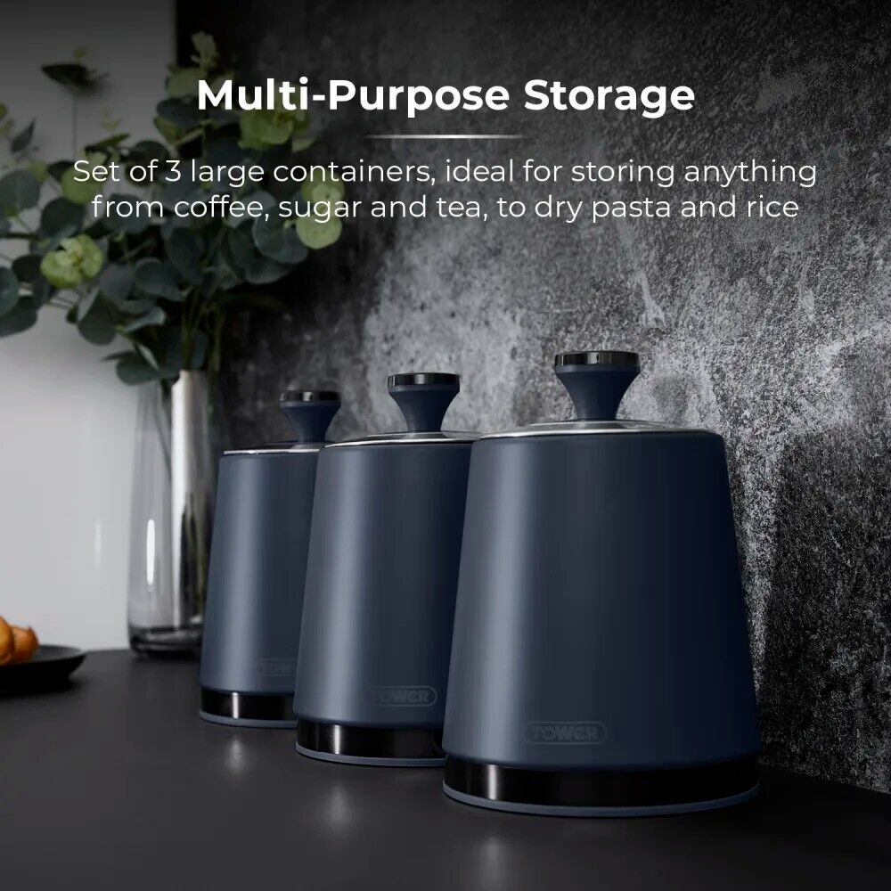 Tower Sera Tea Coffee Sugar Canisters Set in Midnight Blue with Black Smoked Trim