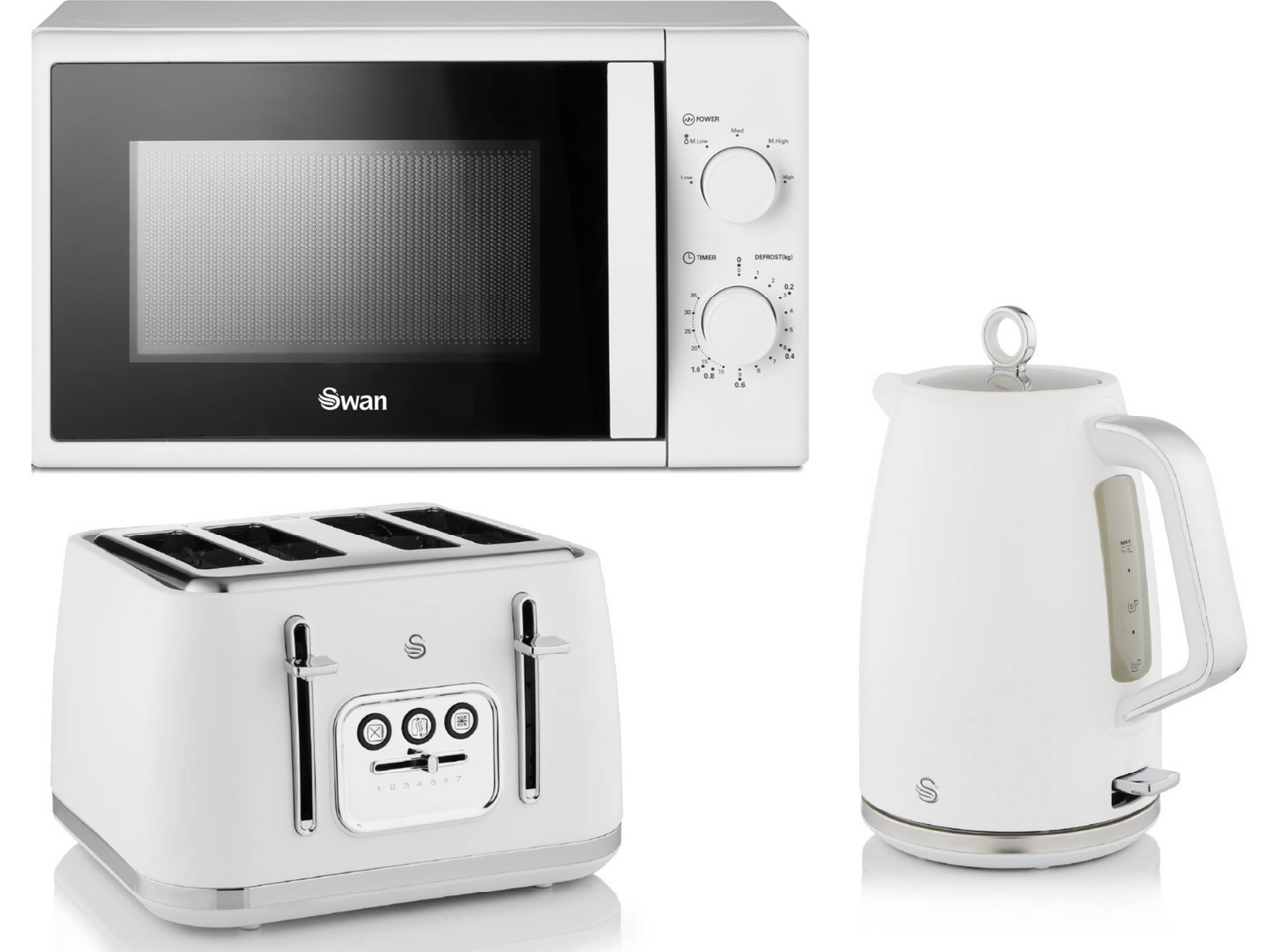 Swan Serenity White 1.7L 3KW Kettle, 4 Slice Toaster  & 700W 20L Manual Microwave Matching Set