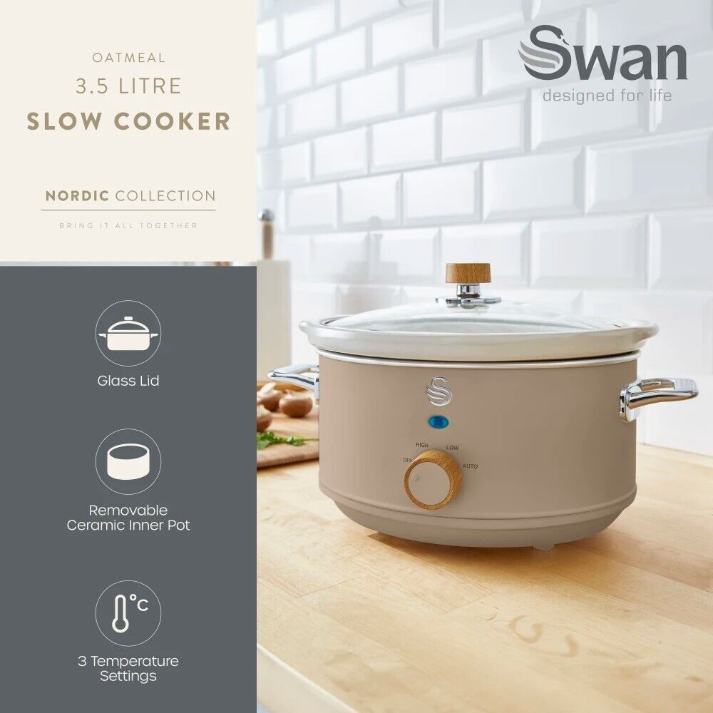 Swan Nordic Slow Cooker in Oatmeal Colour 3.5L Family Capacity Cooking SF17021OAT