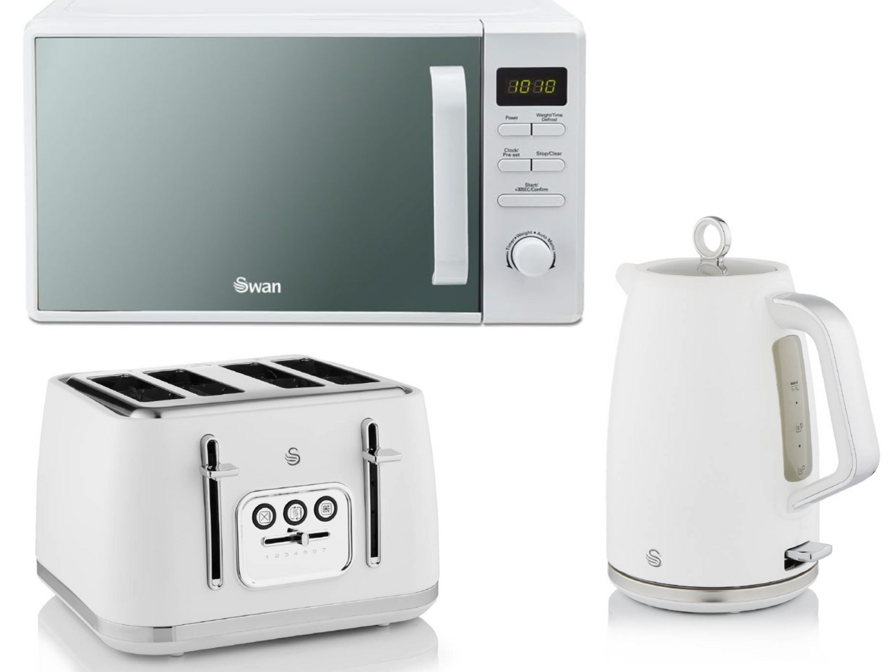 Swan Serenity White 1.7L 3KW Kettle, 4 Slice Toaster  & 800W 20L Digital Microwave Set