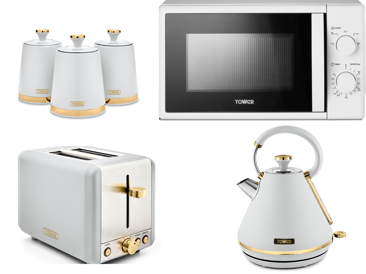 Tower Cavaletto White 1.7L 3KW Pyramid Kettle, 2 Slice Toaster, 20L 800W Microwave & Canisters. Matching Set of 7