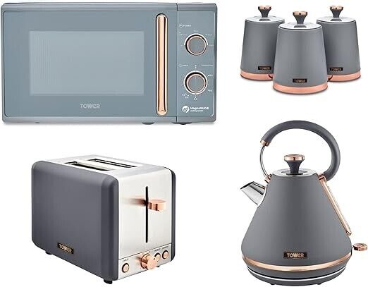 Tower Cavaletto Grey 1.7L 3KW Pyramid Kettle, 2 Slice Toaster, 800W 20L Microwave & Canisters Matching Set