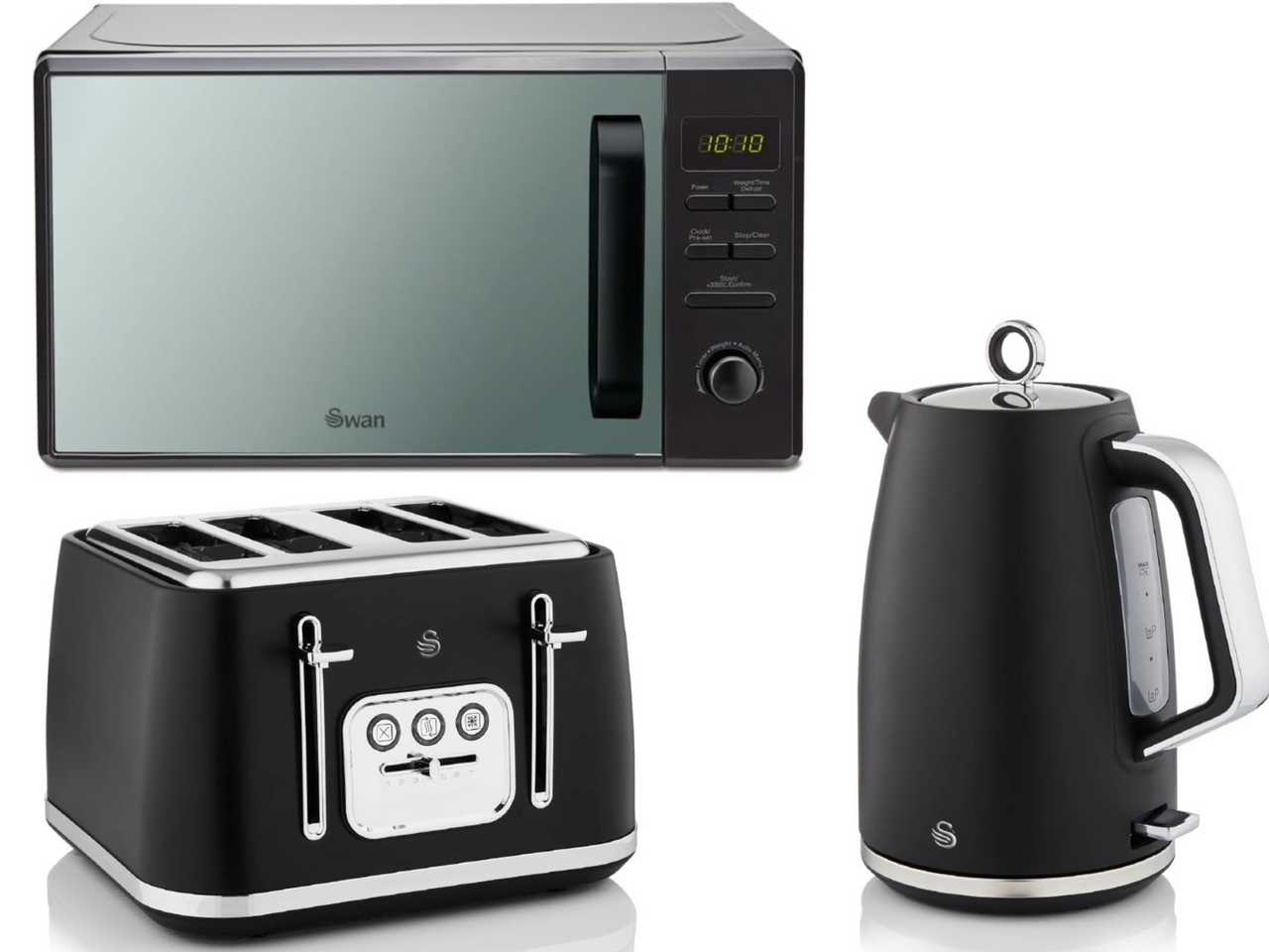 Swan Serenity Black 1.7L 3KW Kettle, 4 Slice Toaster  & 800W 20L Digital Microwave Matching Set