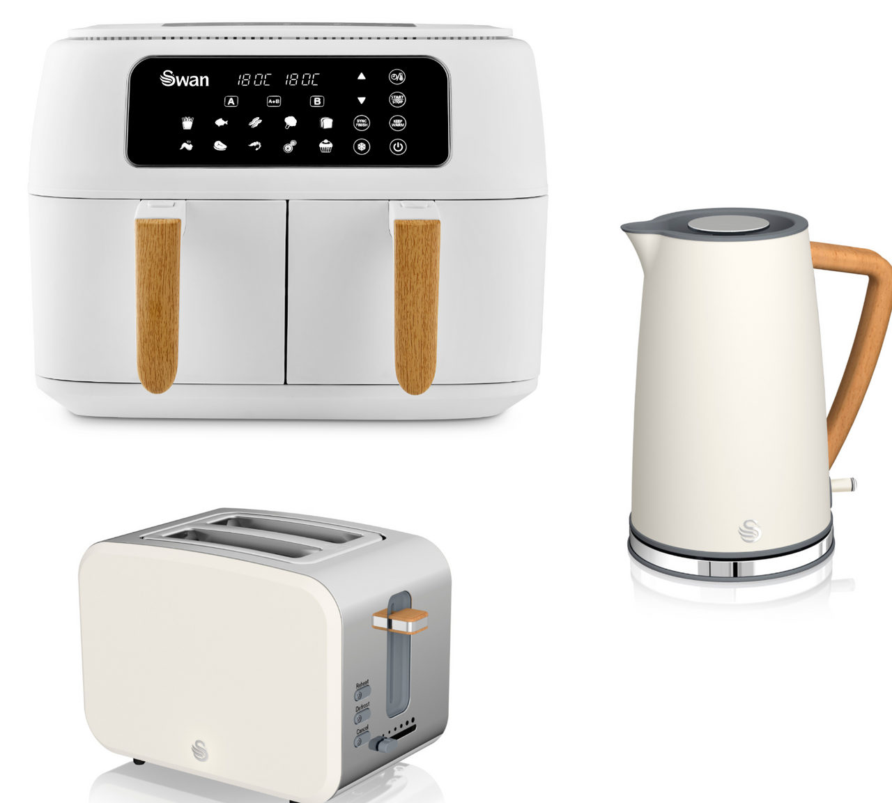 Swan Nordic White 1.7L Jug Kettle, 2 Slice Toaster & 8L Dual Basket 13-in-1 Air Fryer Matching Set