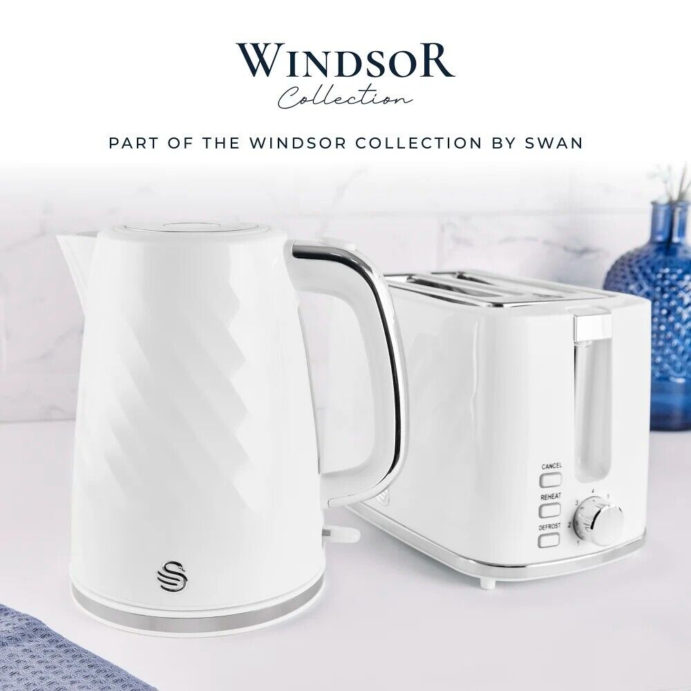 Swan Windsor White 1.7L 3KW Kettle & 2 Slice Toaster Matching Set with Textured Finish & Chrome Accents