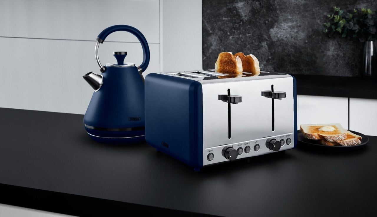 Tower Sera 1.7L 3KW Pyramid Kettle, 4 Slice Toaster & Tea, Coffee, Sugar Canisters Matching Set in Midnight Blue with Smoked Black Trim