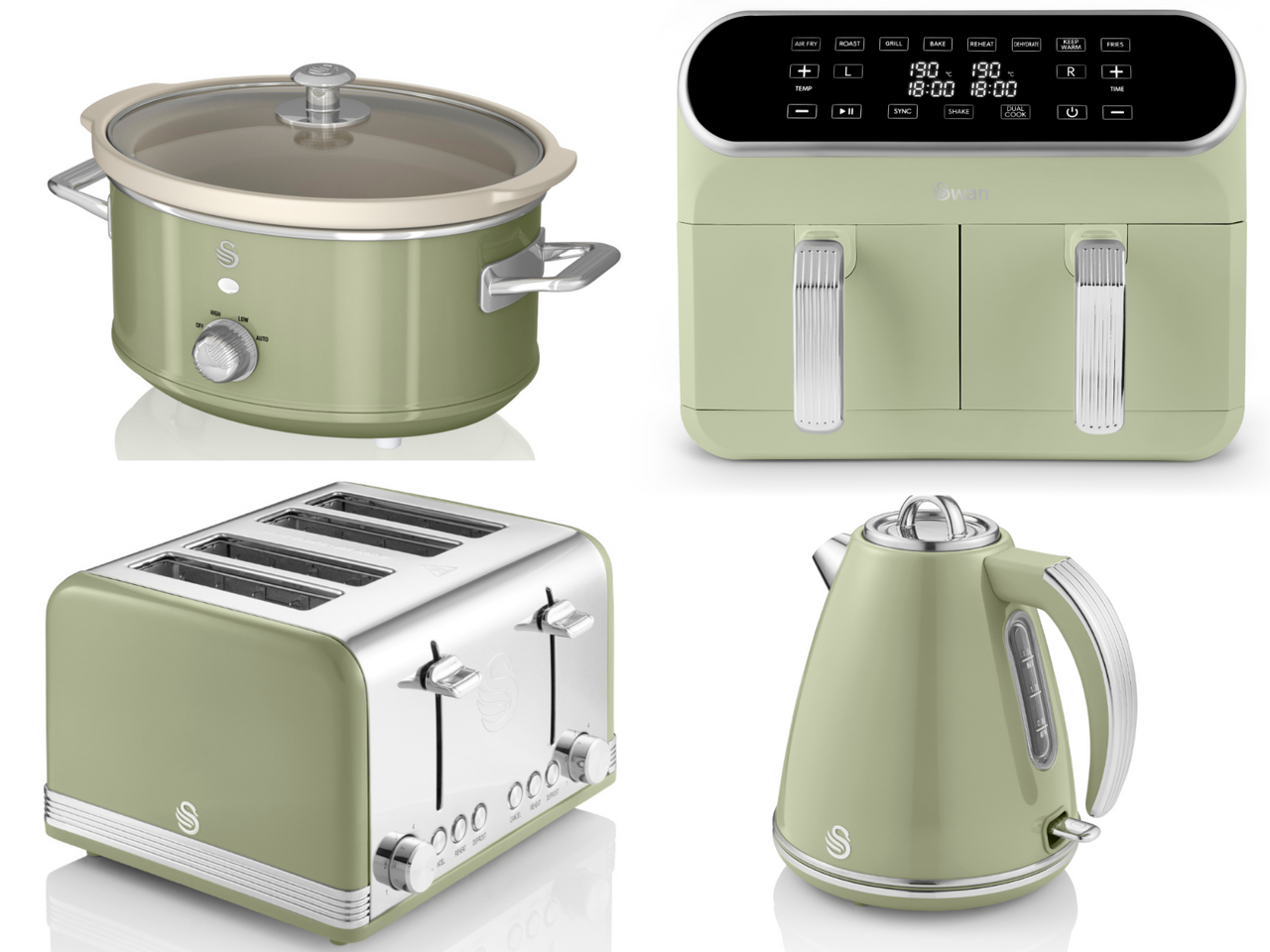 Swan Retro Green 1.5L 3KW Jug Kettle, 4 Slice Toaster, 8L Dual Basket Air Fryer and 3.5L Slow Cooker Matching Set