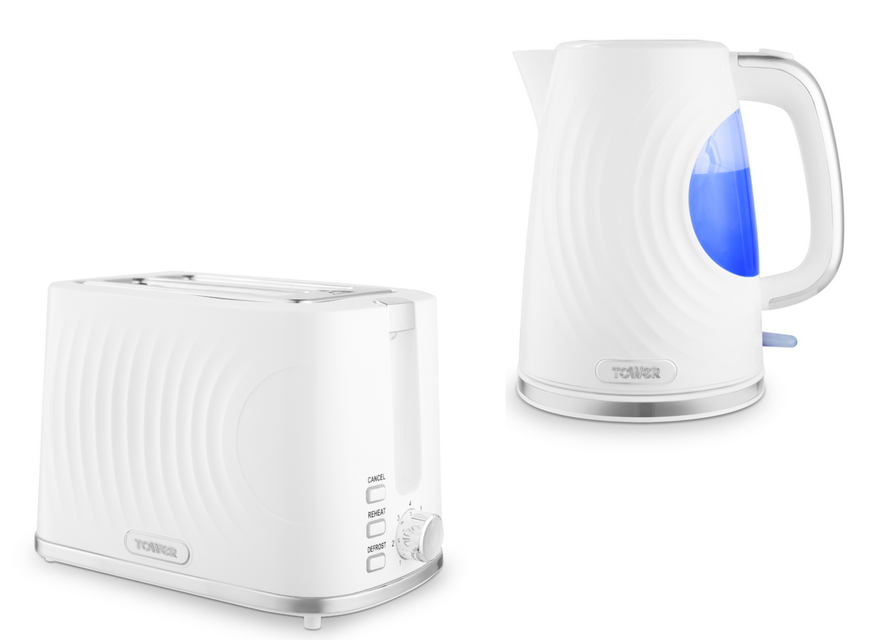 Tower Sonar White 1.7L 3KW Kettle & 2 Slice Toaster Matching Set with Chrome Accents & Stylish Ripple Design