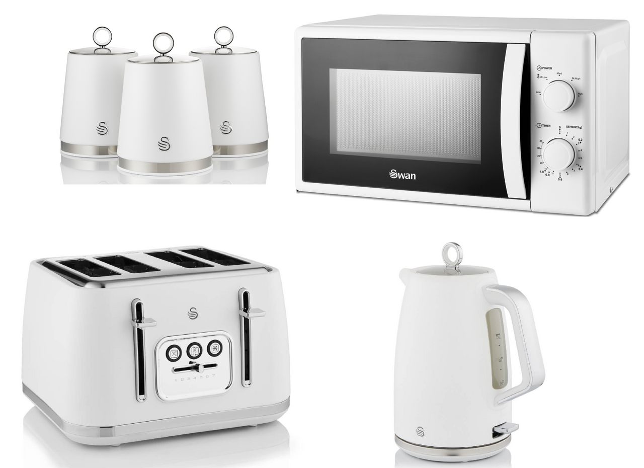 Swan Serenity White 1.7L 3KW Kettle, 4 Slice Toaster, Canisters and 20L 700W Manual Microwave Matching Set of 6