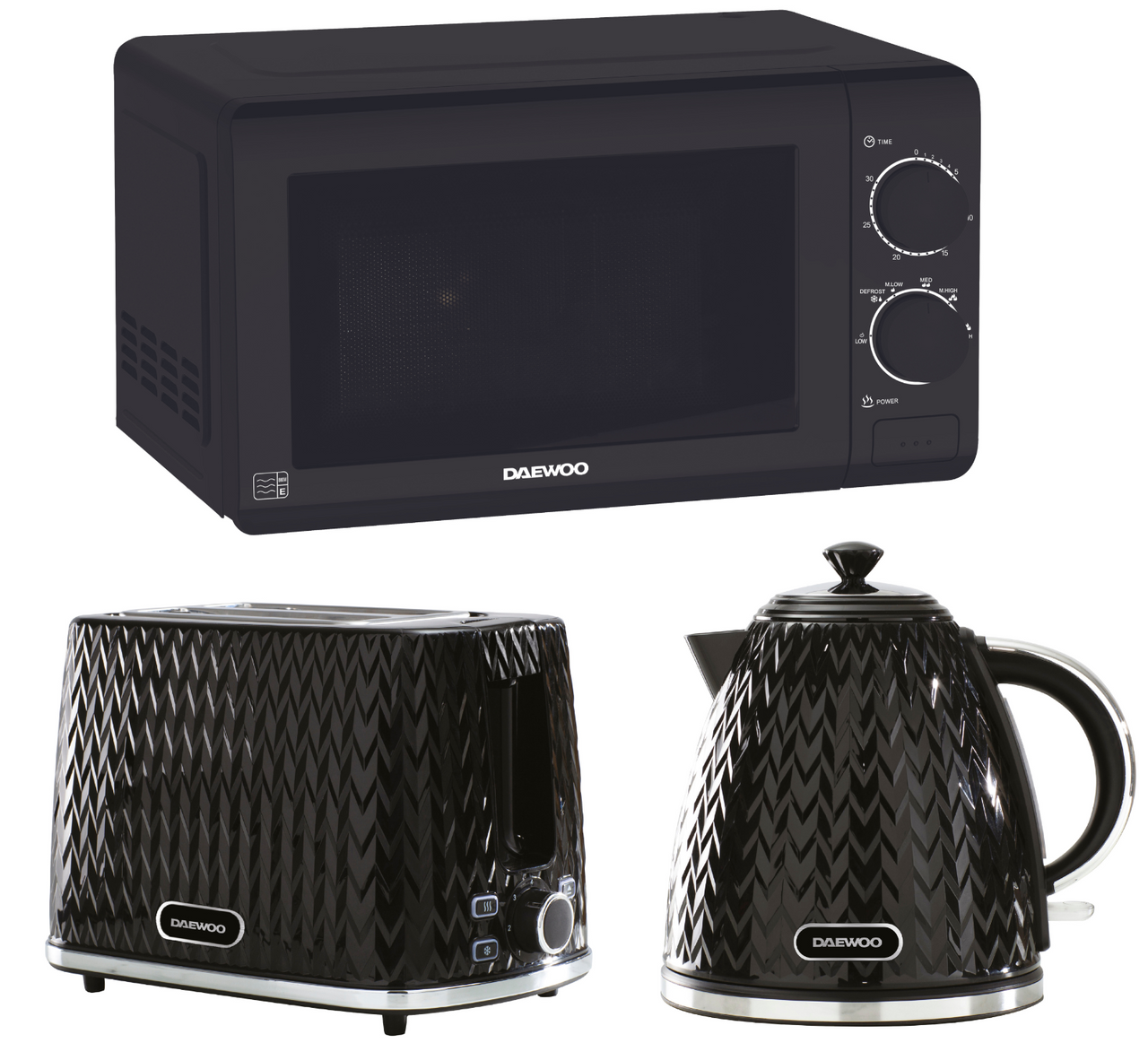 Daewoo Argyle Black Jug Kettle 2 Slice Toaster & SDA2161 700W 20L Microwave Set