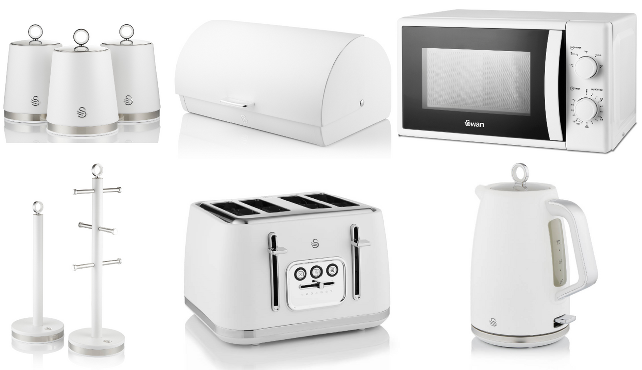 Swan Serenity White 1.7L 3KW Kettle, 4 Slice Toaster, Bread Bin, Canisters, Mug Tree, Towel Pole and 20L 700W Manual Microwave.  Matching Set of 9 in White