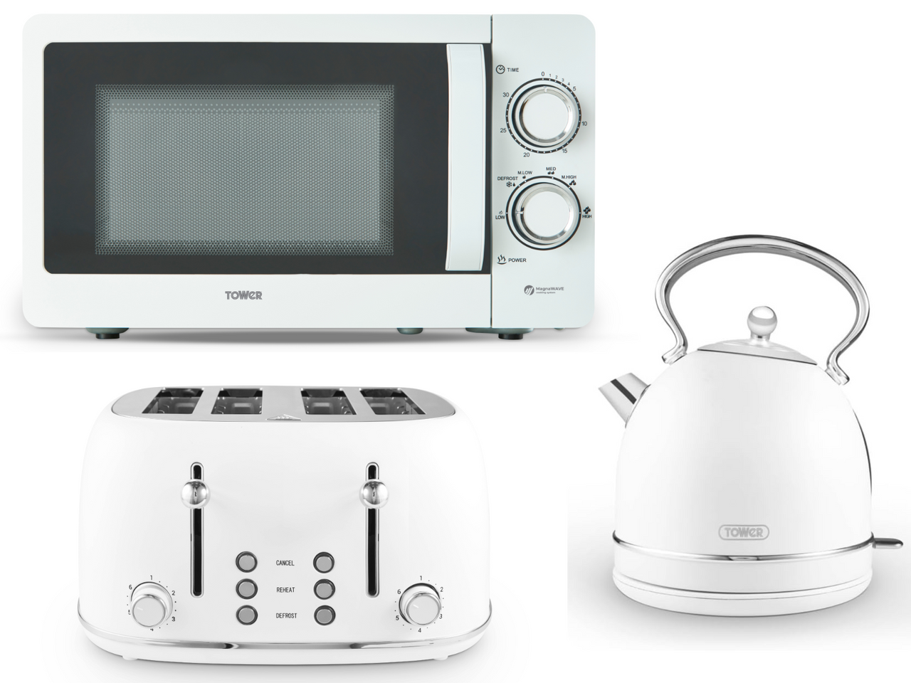 Tower Heritage White 1.7L 3KW Dome Kettle, 4 Slice Toaster & 20L 800W Manual Microwave Matching Kitchen Set