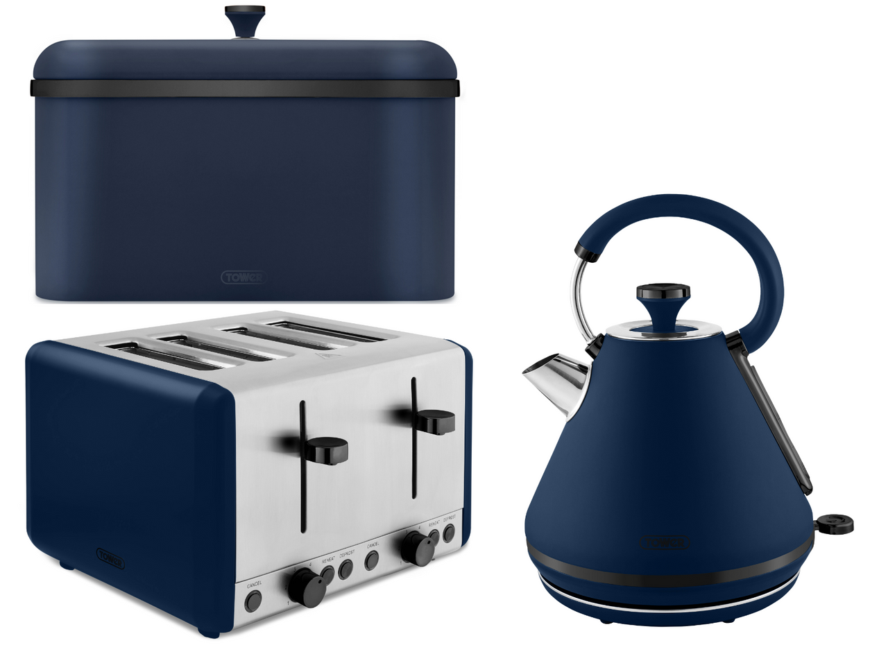 Tower Sera Midnight Blue 1.7L 3KW Pyramid Kettle, 4 Slice Toaster & Bread Bin Matching Kitchen Set