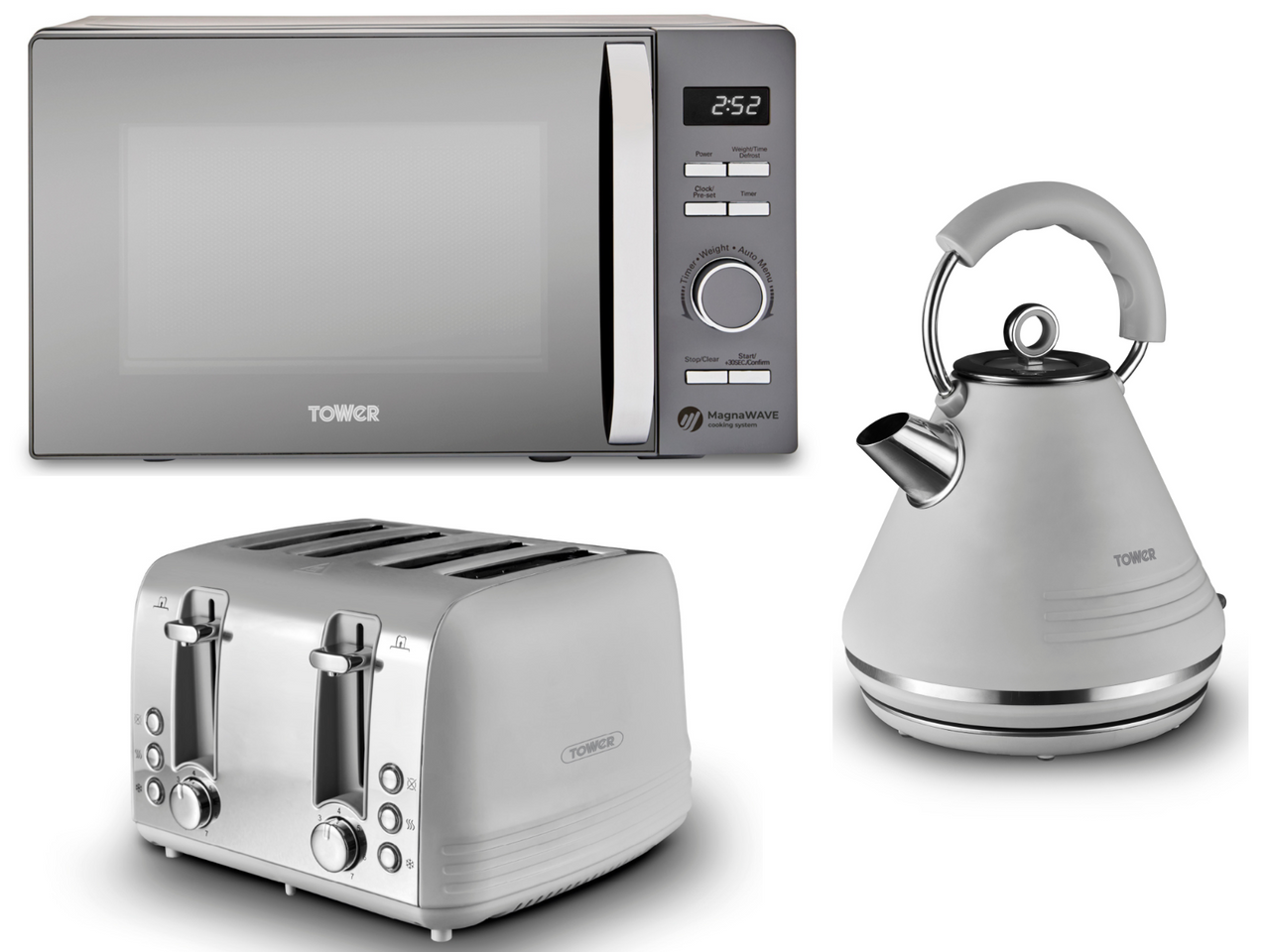 Tower Ash Grey 1.7L 3KW Pyramid Kettle, 4 Slice Toaster & Renaissance 20L 800W Digital Microwave Set