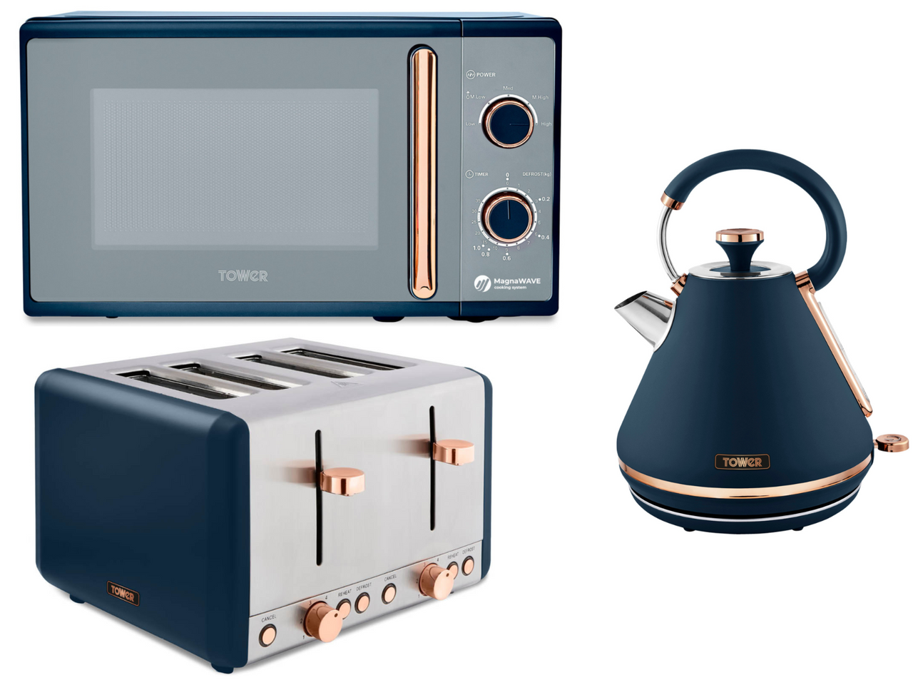 Tower Cavaletto 1.7L 3KW Pyramid Kettle, 4 Slice Toaster & 800W 20L Microwave In Midnight Blue & Rose Gold Matching Kitchen Set