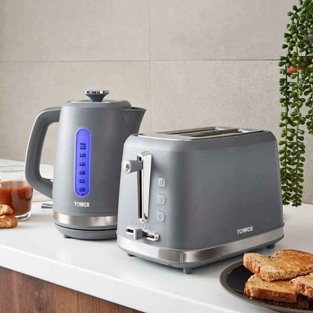 Tower Odyssey Grey Kettle & Toaster Matching Kitchen Set in Grey/Chrome Accents