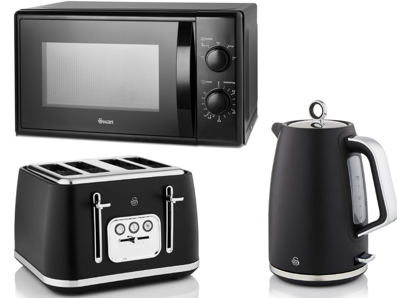 Swan Serenity Black 1.7L 3KW Kettle, 4 Slice Toaster  & 700W 20L Manual Microwave Matching Set