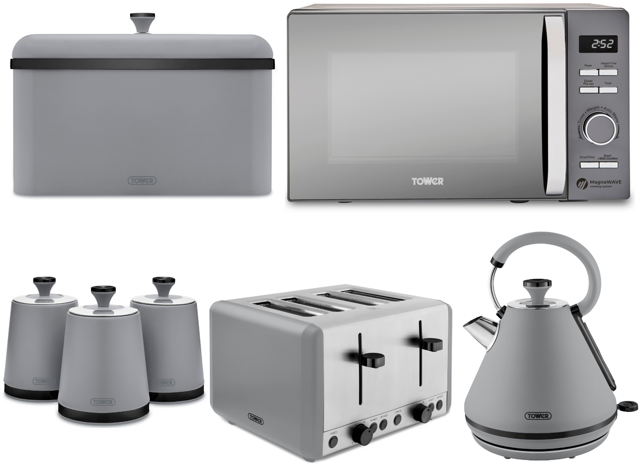 Tower Sera Grey 1.7L 3KW Pyramid Kettle, 4 Slice Toaster, 800W 20L Renaissance Microwave, Sera Breadbin & Canisters Matching Kitchen Set of 7