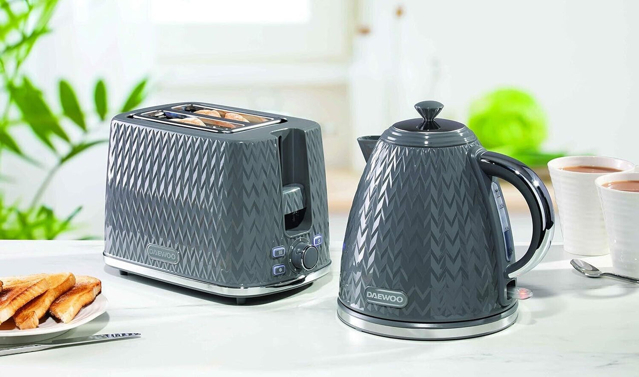 Daewoo Argyle Grey 1.7L 3KW Jug Kettle, 2 Slice Toaster & 800W 20L Manual Microwave Matching Set