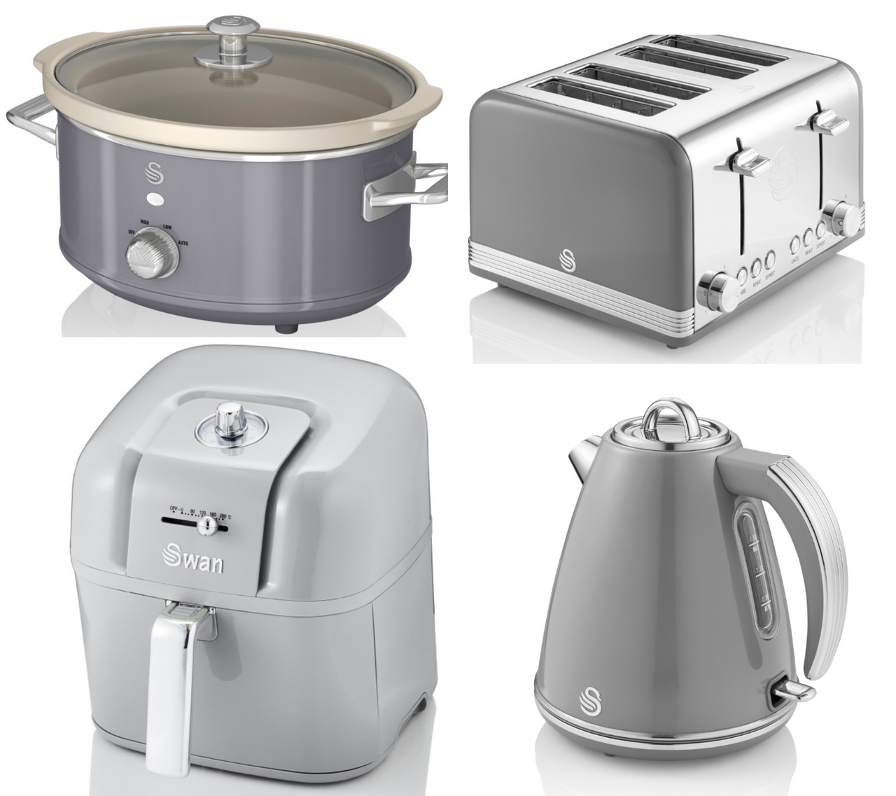 Swan Retro Grey Kettle, 4 Slice Toaster 6L Digital Air Fryer & Slow Cooker Set