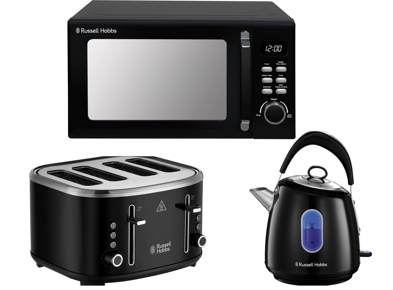 Russell Hobbs Stylevia Black Kettle, 4 Slice Toaster & Microwave Matching Kitchen Set