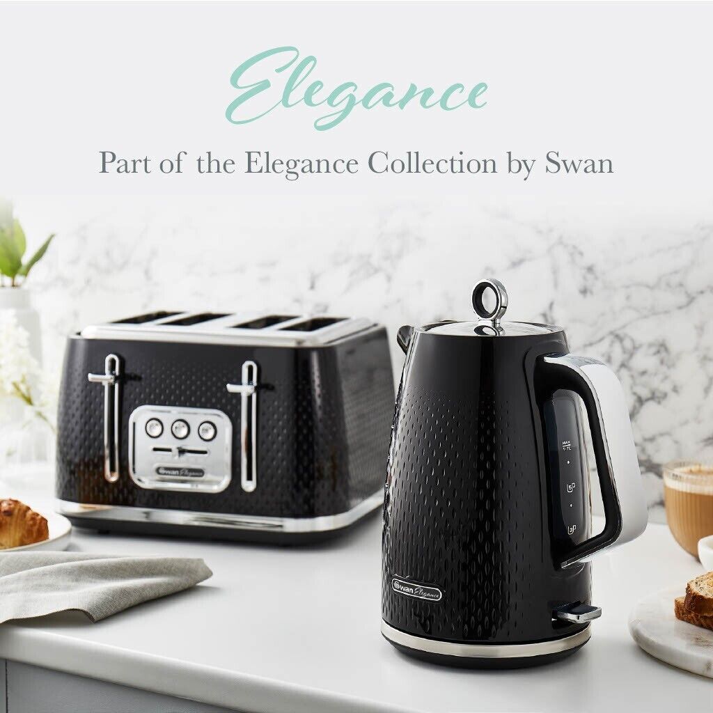 Swan Elegance 1.7L 3KW Kettle, 4 Slice Toaster & 800W 20L Digital Microwave Matching Set in Black