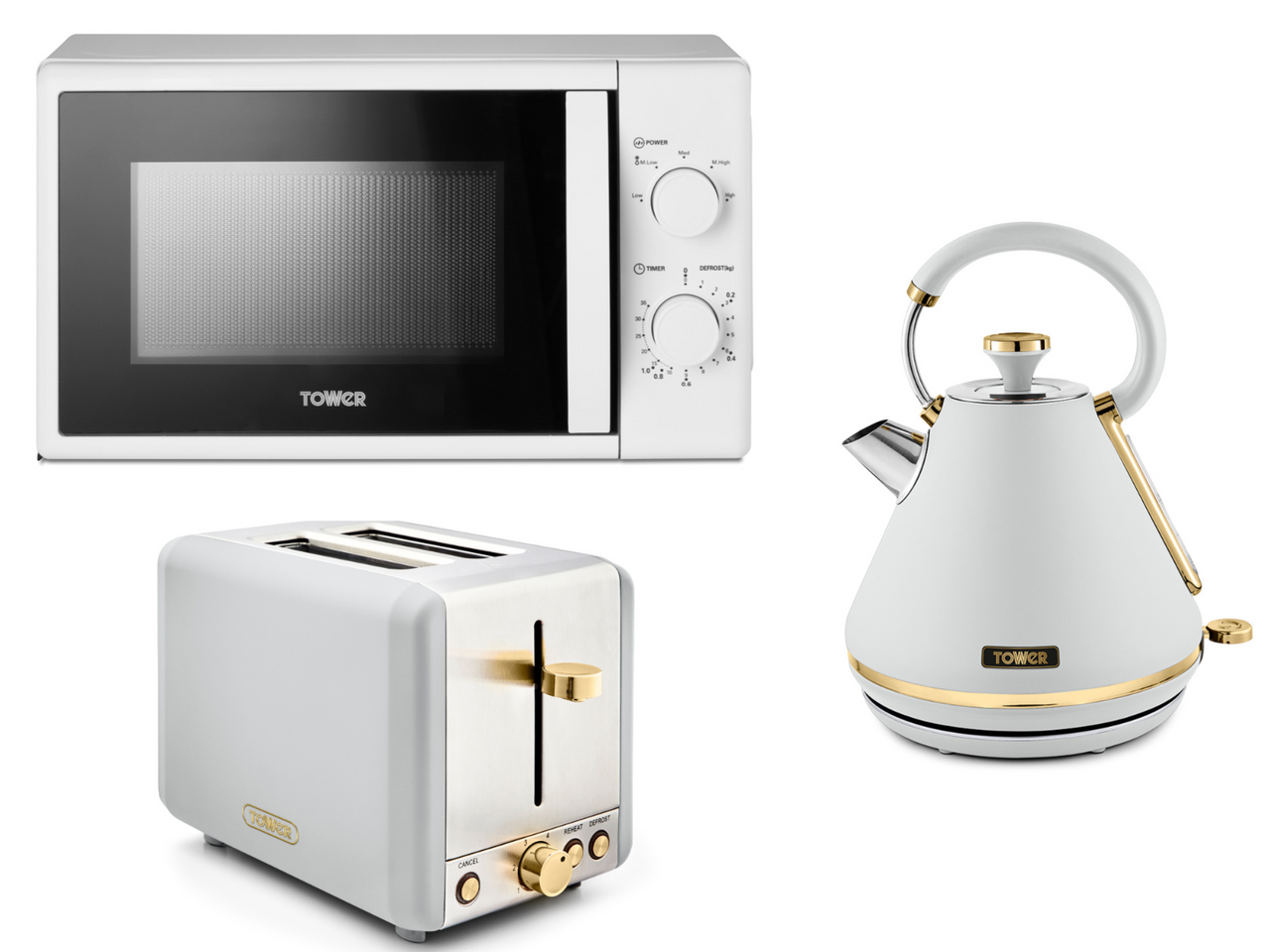 Tower Cavaletto White 1.7L 3KW Pyramid Kettle, 2 Slice Toaster, 20L 800W Microwave Matching Set