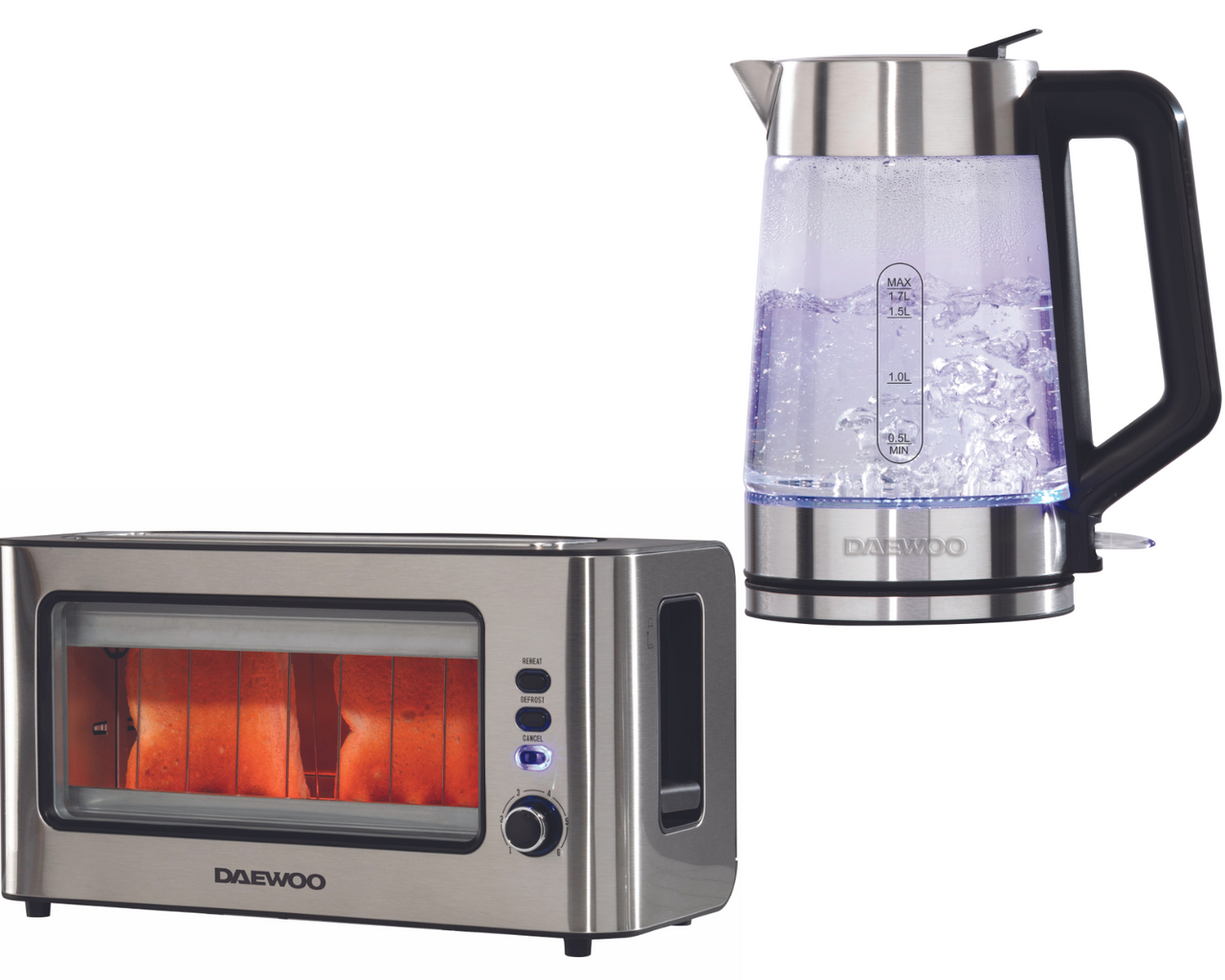 Daewoo Easy Fill Illuminating Glass 1.7L 3KW Kettle & 2 Slice Glass Toaster Matching Set