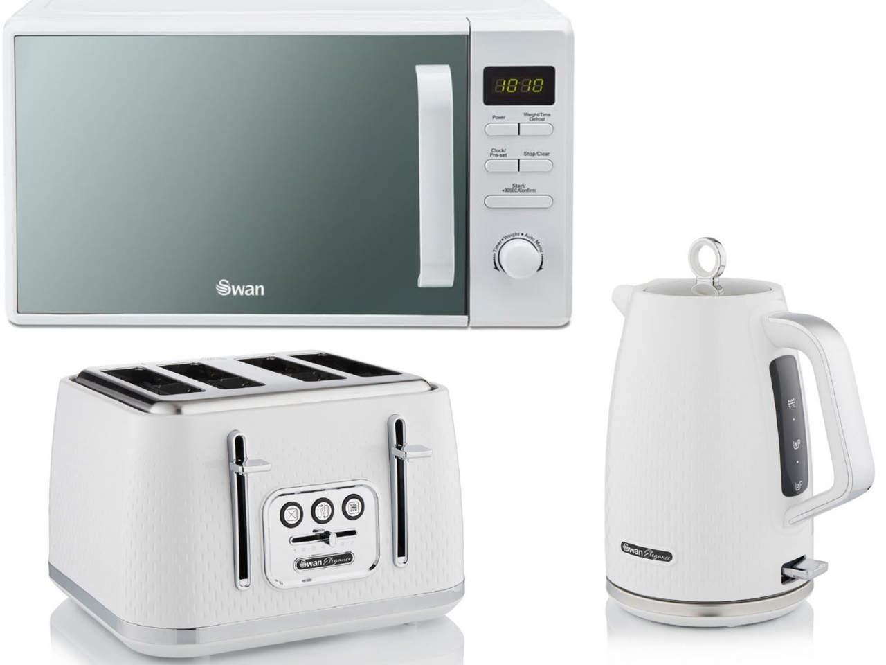 Swan Elegance White 1,7L 3KW Kettle, 4 Slice Toaster & 800W 20L Digital Microwave Matching Set