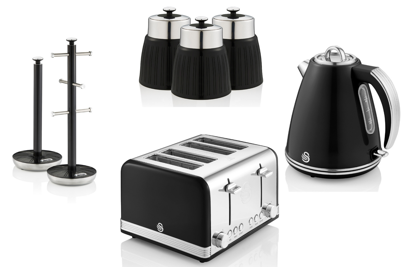 Swan Retro 1.5L 3KW Retro Jug Kettle, 4 Slice Toaster, Tea Coffee & Sugar Canisters, Mug Tree & Towel Pole Matching Kitchen Set of 7 in Black