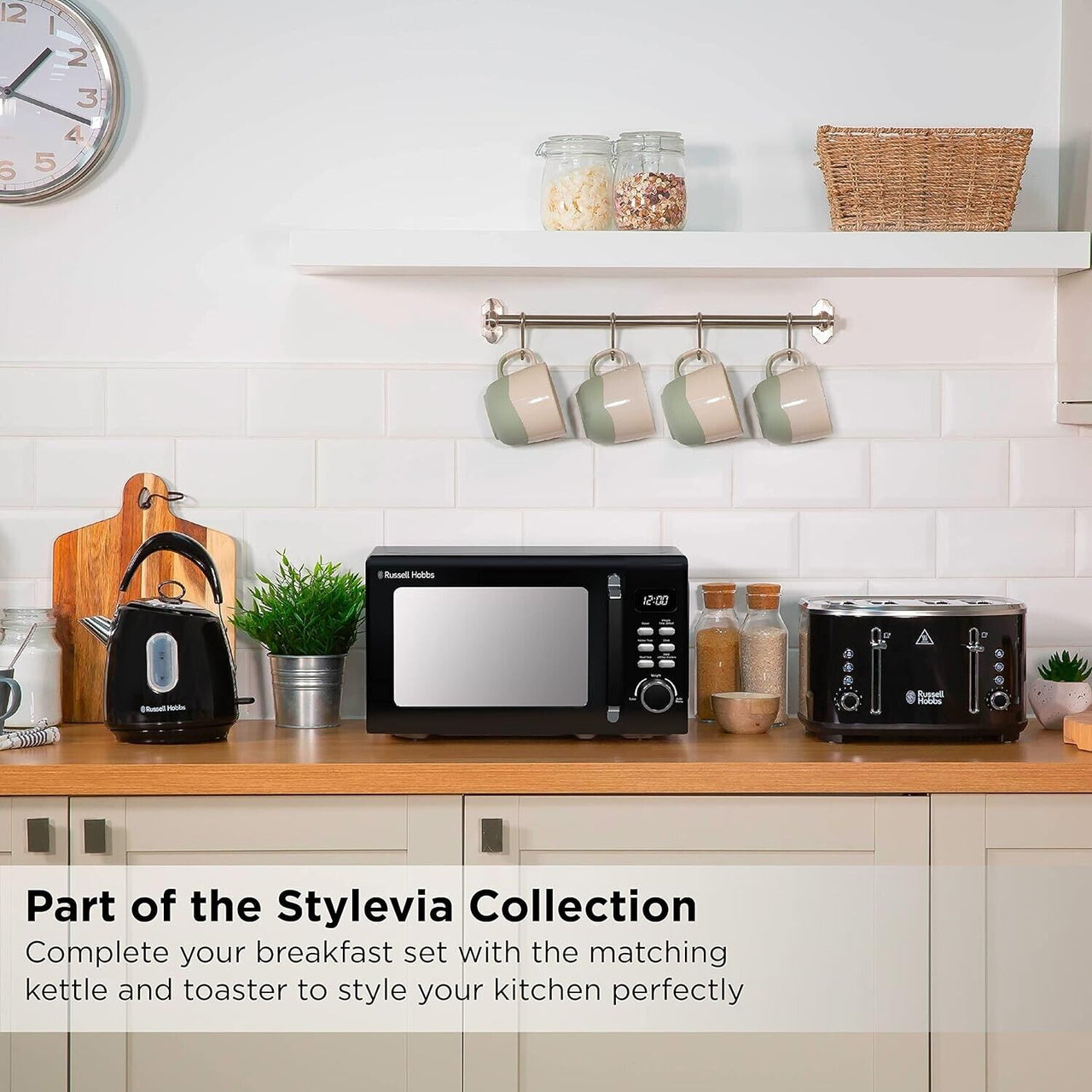 Russell Hobbs Stylevia Black Kettle, 4 Slice Toaster & Microwave Matching Kitchen Set